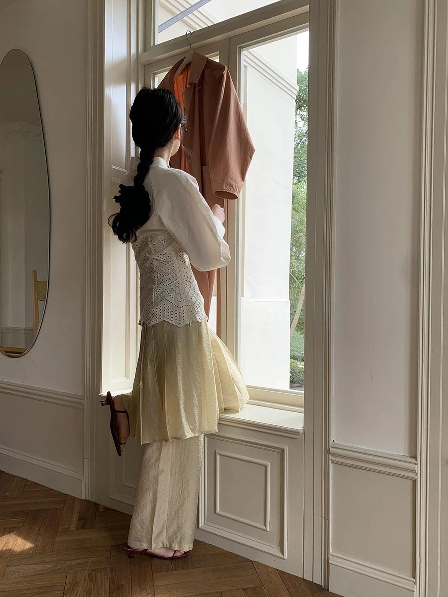 Tencel Linen Blend Wide Leg Palazzo Pants With Pleated Hem