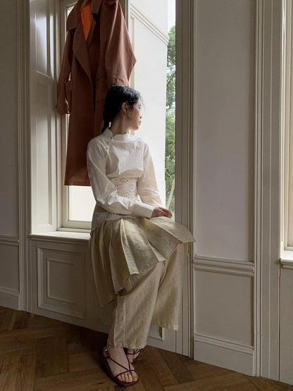 Tencel Linen Blend Wide Leg Palazzo Pants With Pleated Hem