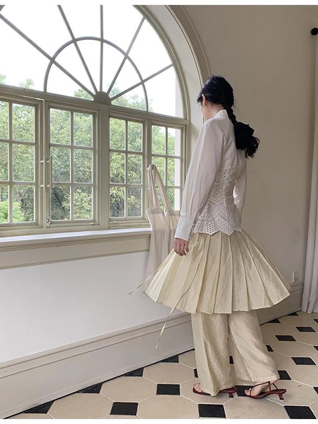 Tencel Linen Blend Wide Leg Palazzo Pants With Pleated Hem