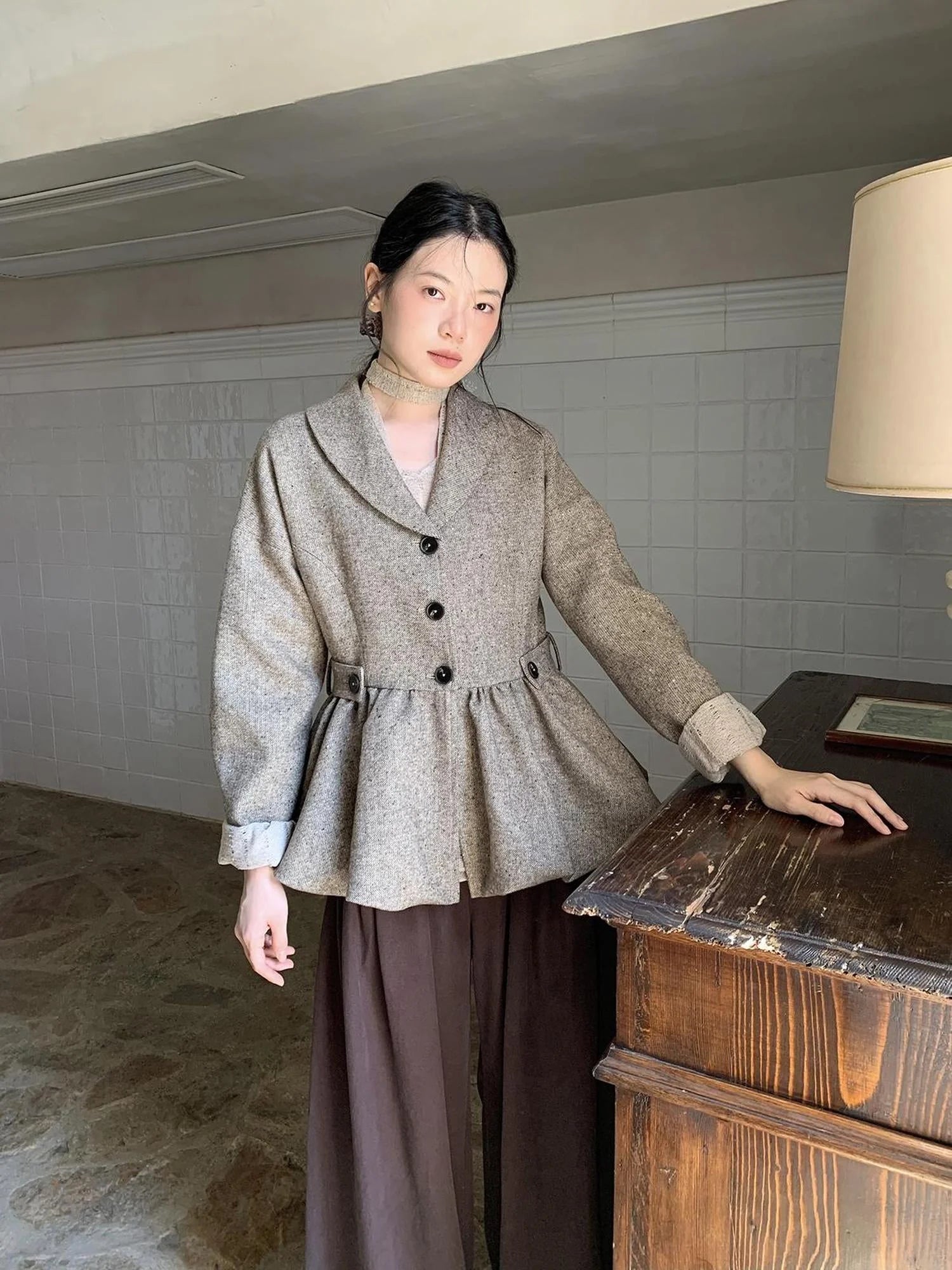 Textured Boucle Blazer With Waist Tie