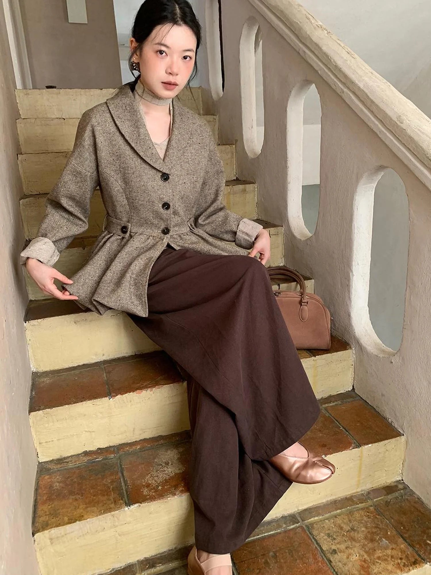 Textured Boucle Blazer With Waist Tie