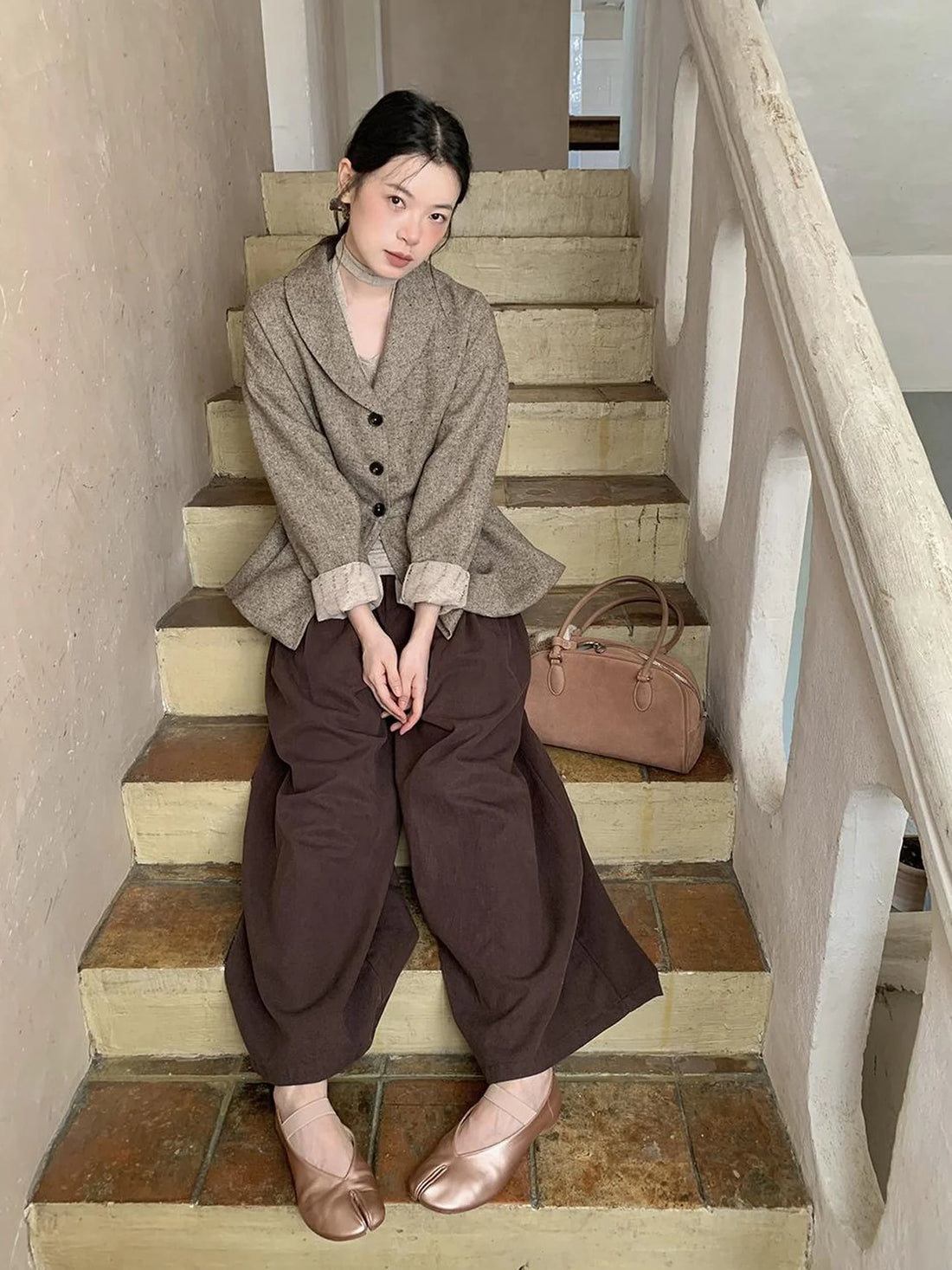 Textured Boucle Blazer With Waist Tie