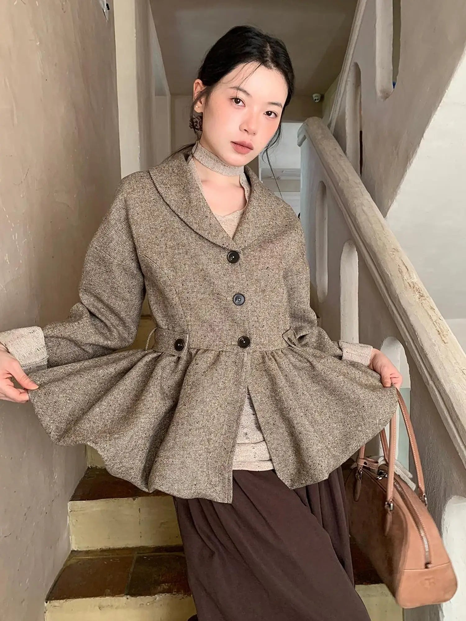 Textured Boucle Blazer With Waist Tie