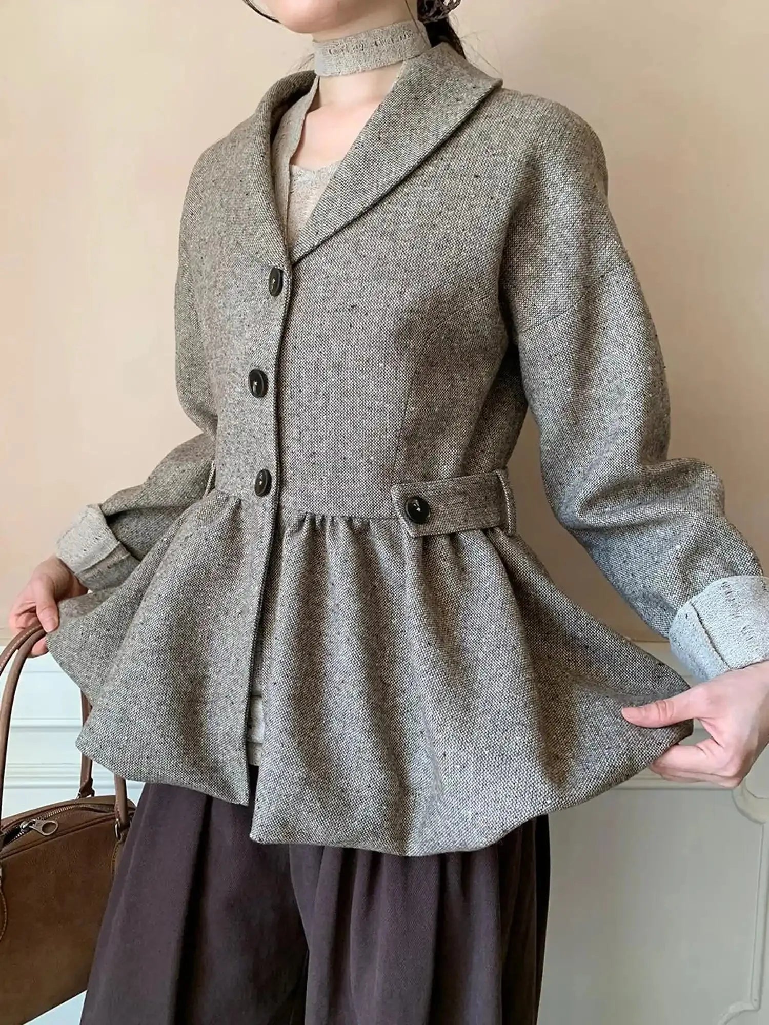 Textured Boucle Blazer With Waist Tie