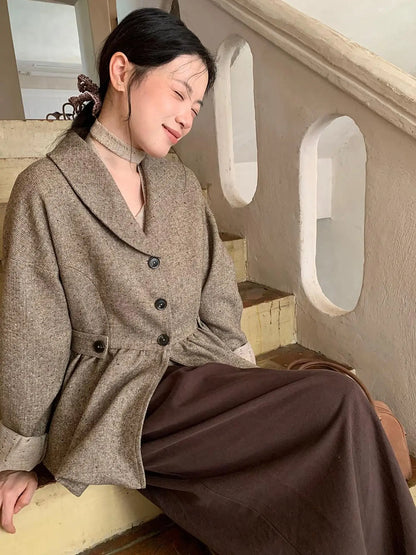 Textured Boucle Blazer With Waist Tie