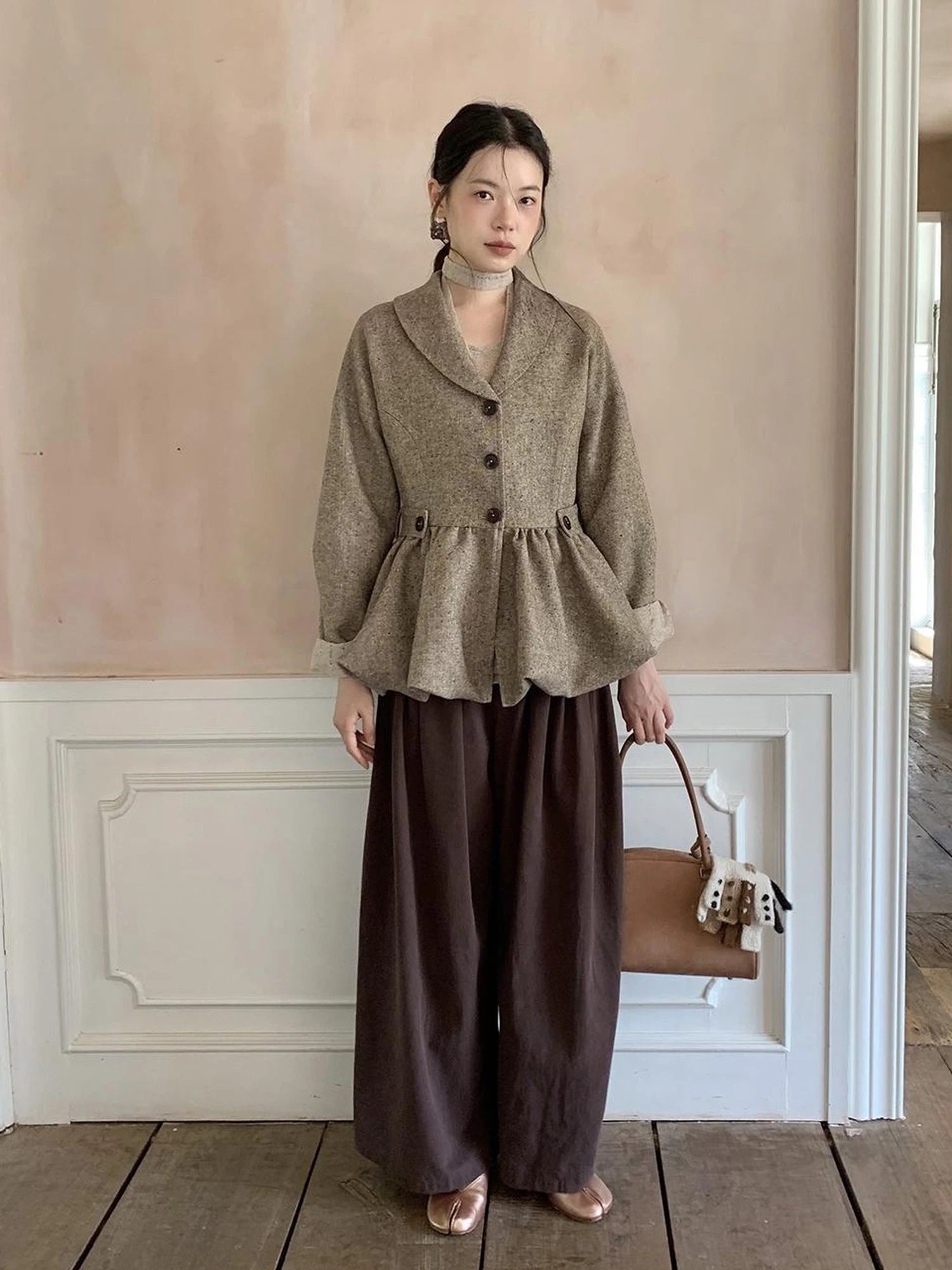 Textured Boucle Blazer With Waist Tie