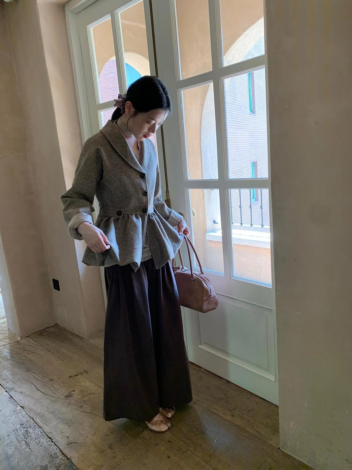 Textured Boucle Blazer With Waist Tie