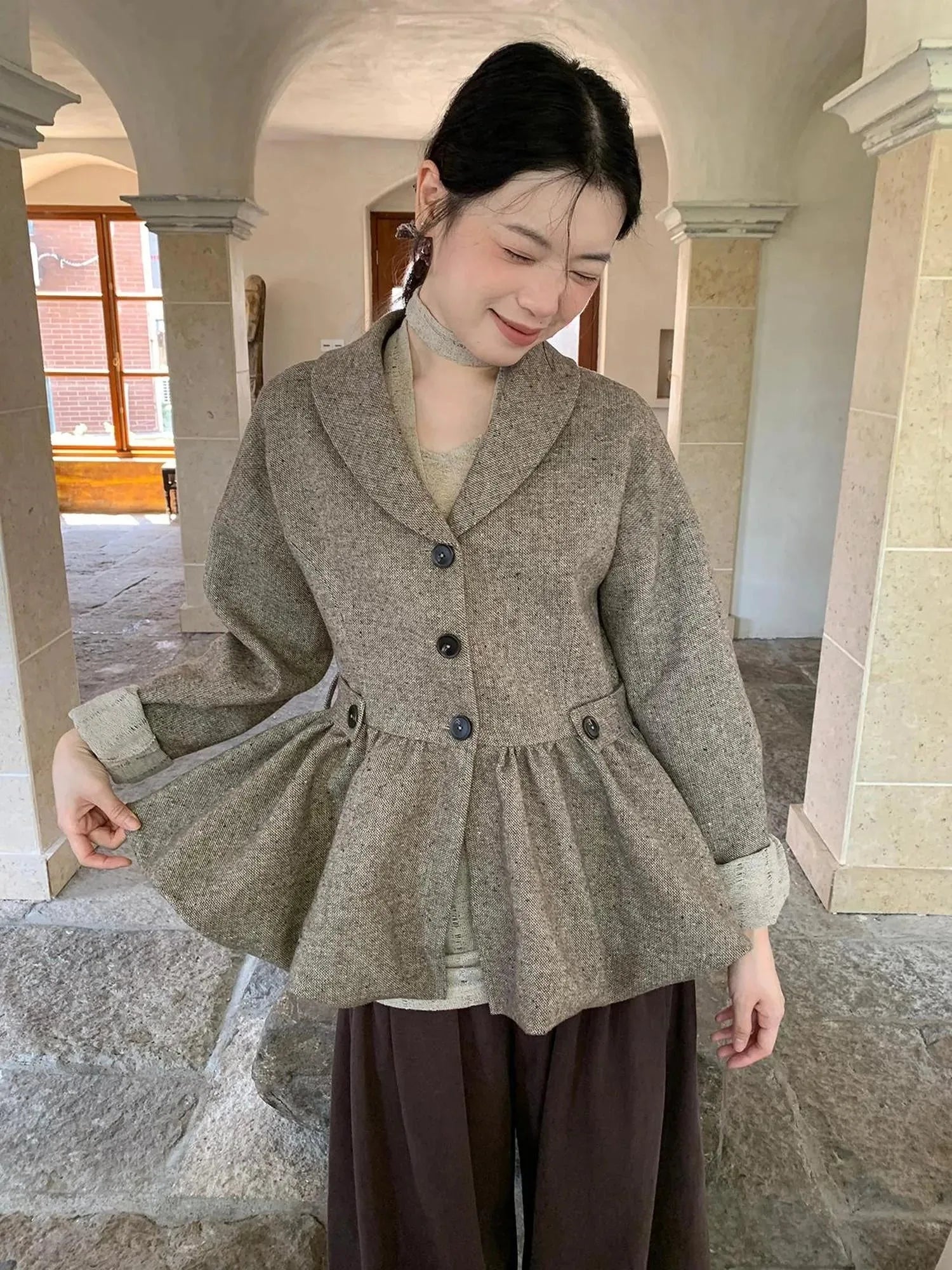 Textured Boucle Blazer With Waist Tie