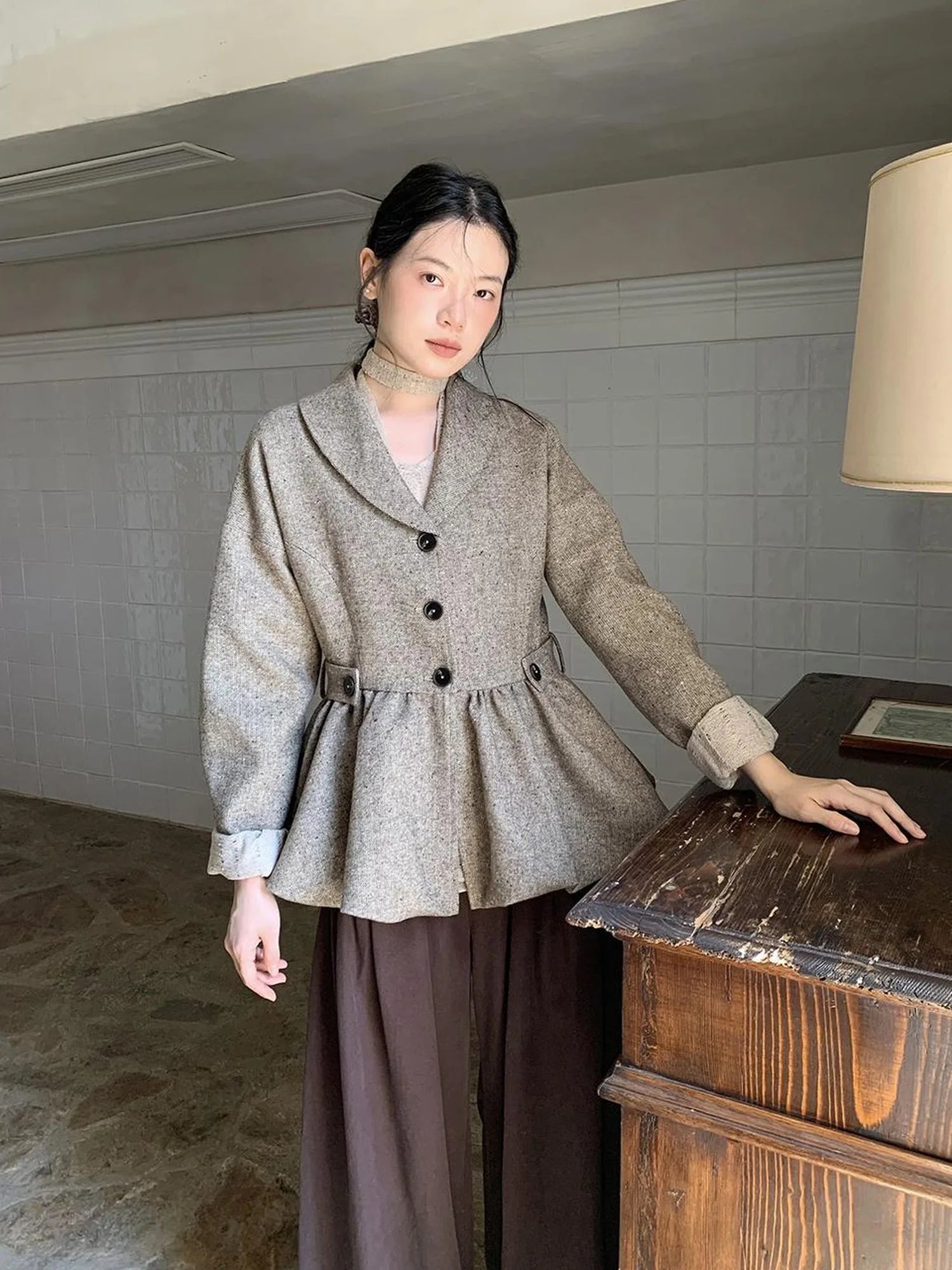 Textured Boucle Blazer With Waist Tie