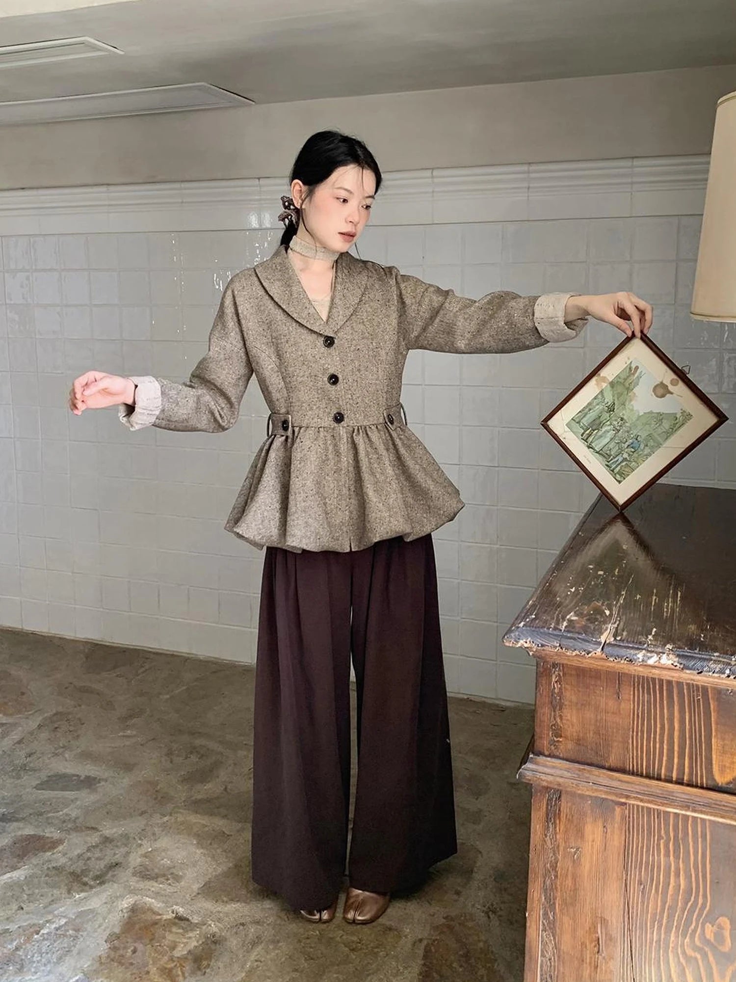 Textured Boucle Blazer With Waist Tie