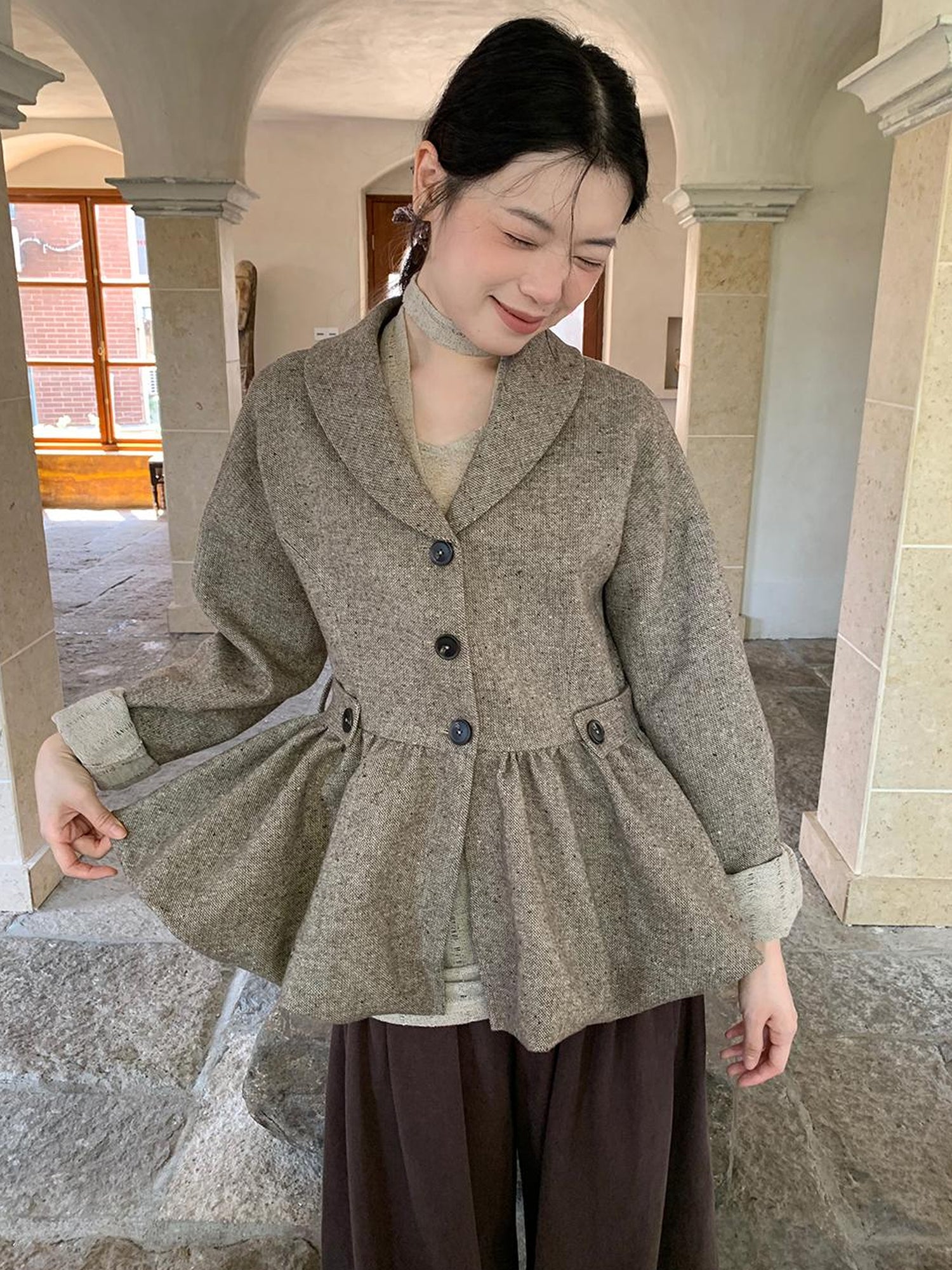 Dorydory Textured Boucle Blazer With Waist Tie
