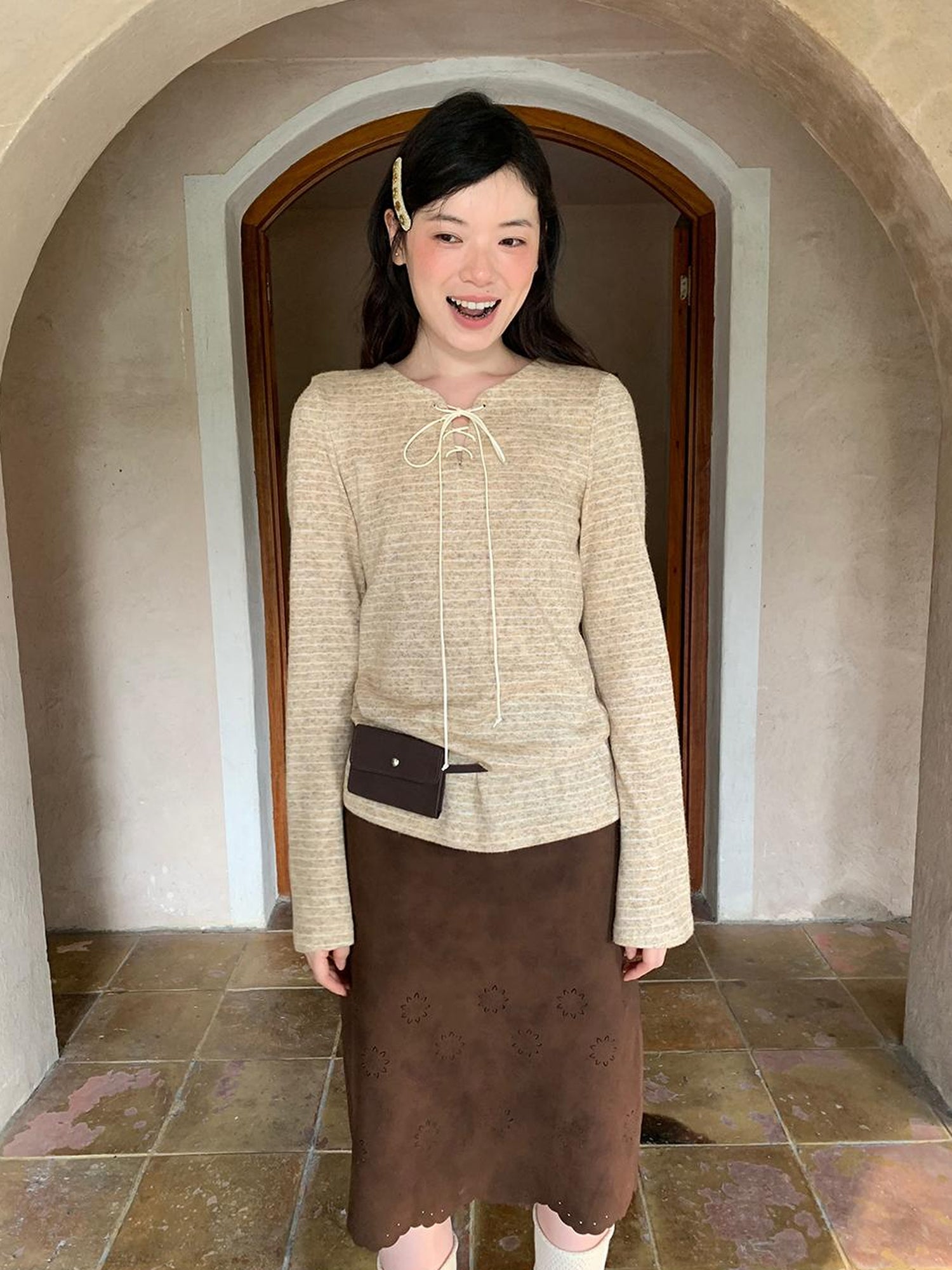 Dorydory Textured Hollow Wave Hem A Line Skirt
