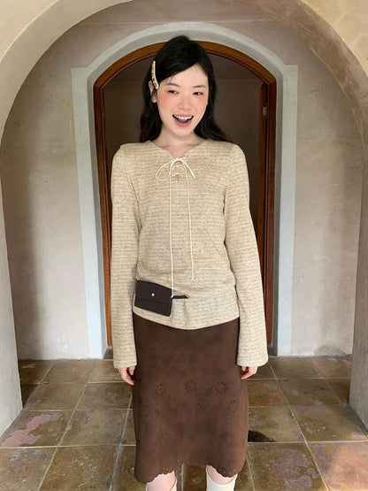 Textured Hollow Wave Hem A Line Skirt