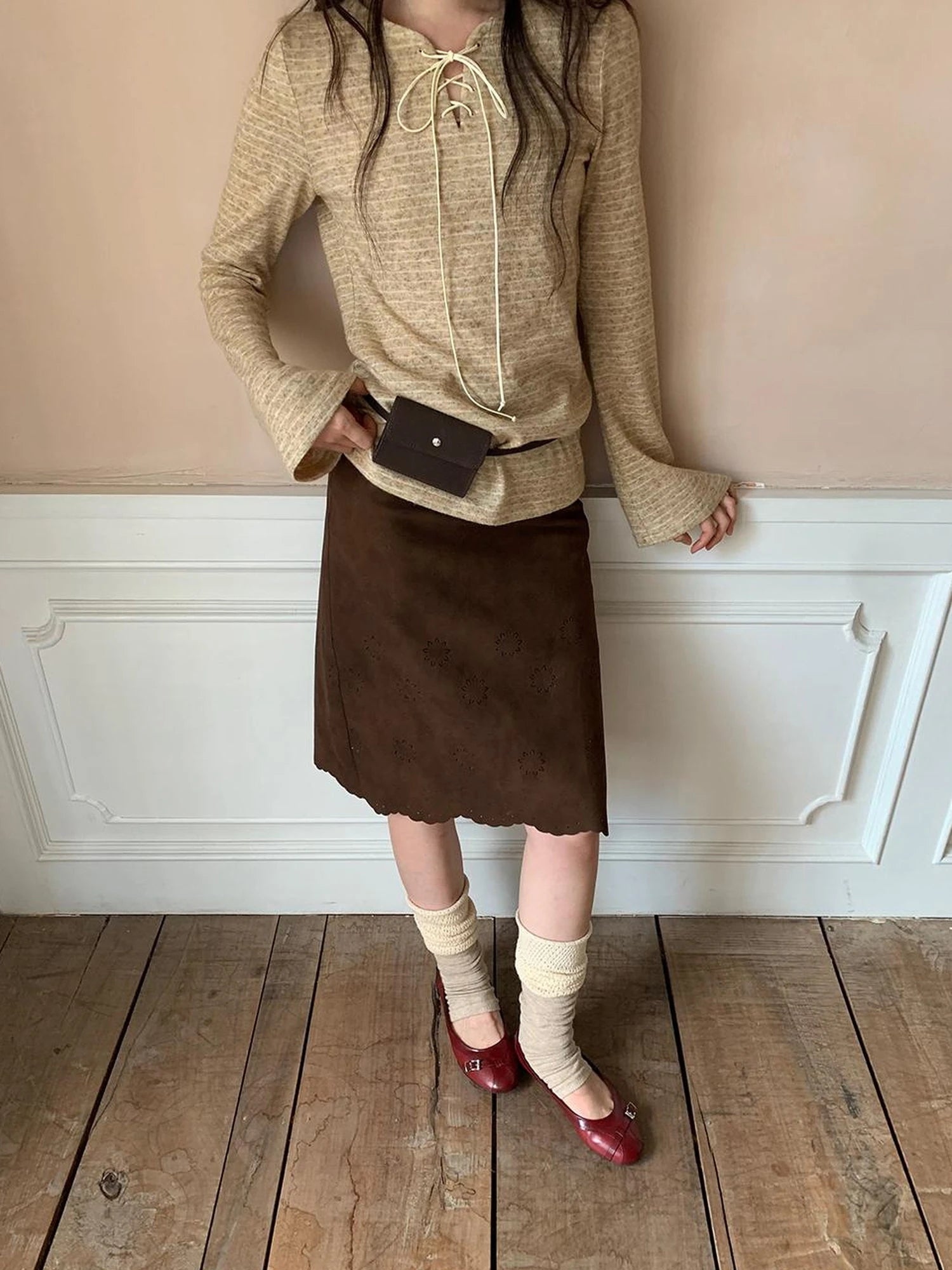 Textured Hollow Wave Hem A Line Skirt