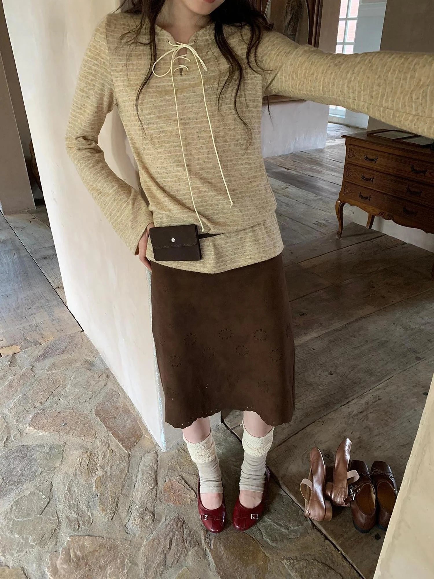 Textured Hollow Wave Hem A Line Skirt