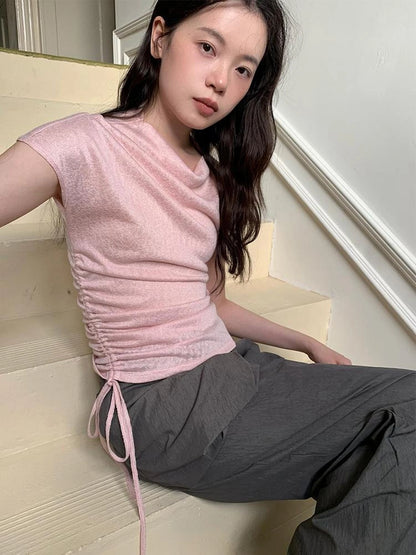 Textured Shoulder Drawstring Tee