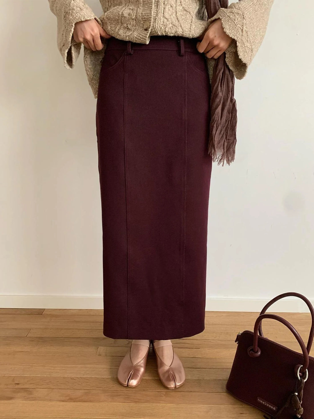 Textured Straight Mid Length Pencil Skirt In Garnet Red