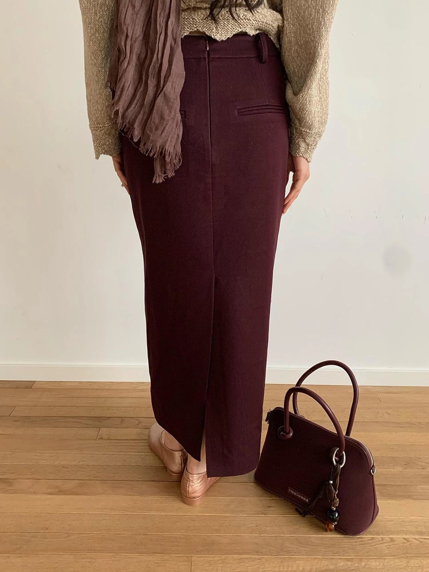 Textured Straight Mid Length Pencil Skirt In Garnet Red