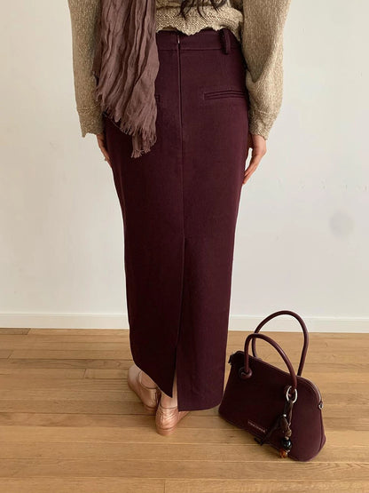 Textured Straight Mid Length Pencil Skirt In Garnet Red