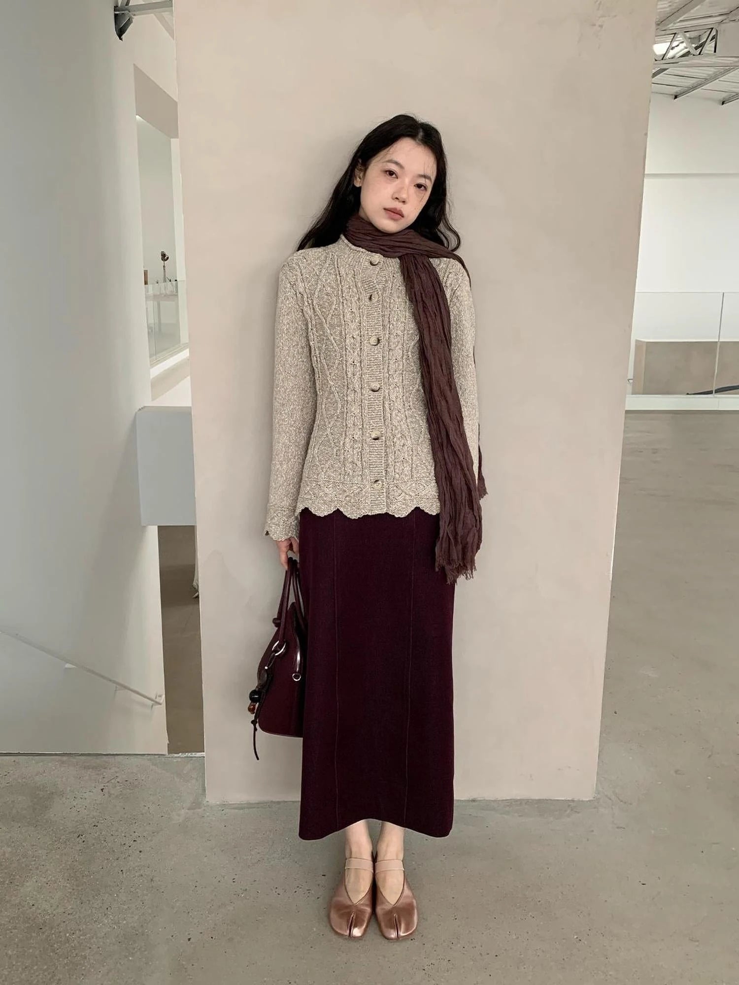 Textured Straight Mid Length Pencil Skirt In Garnet Red