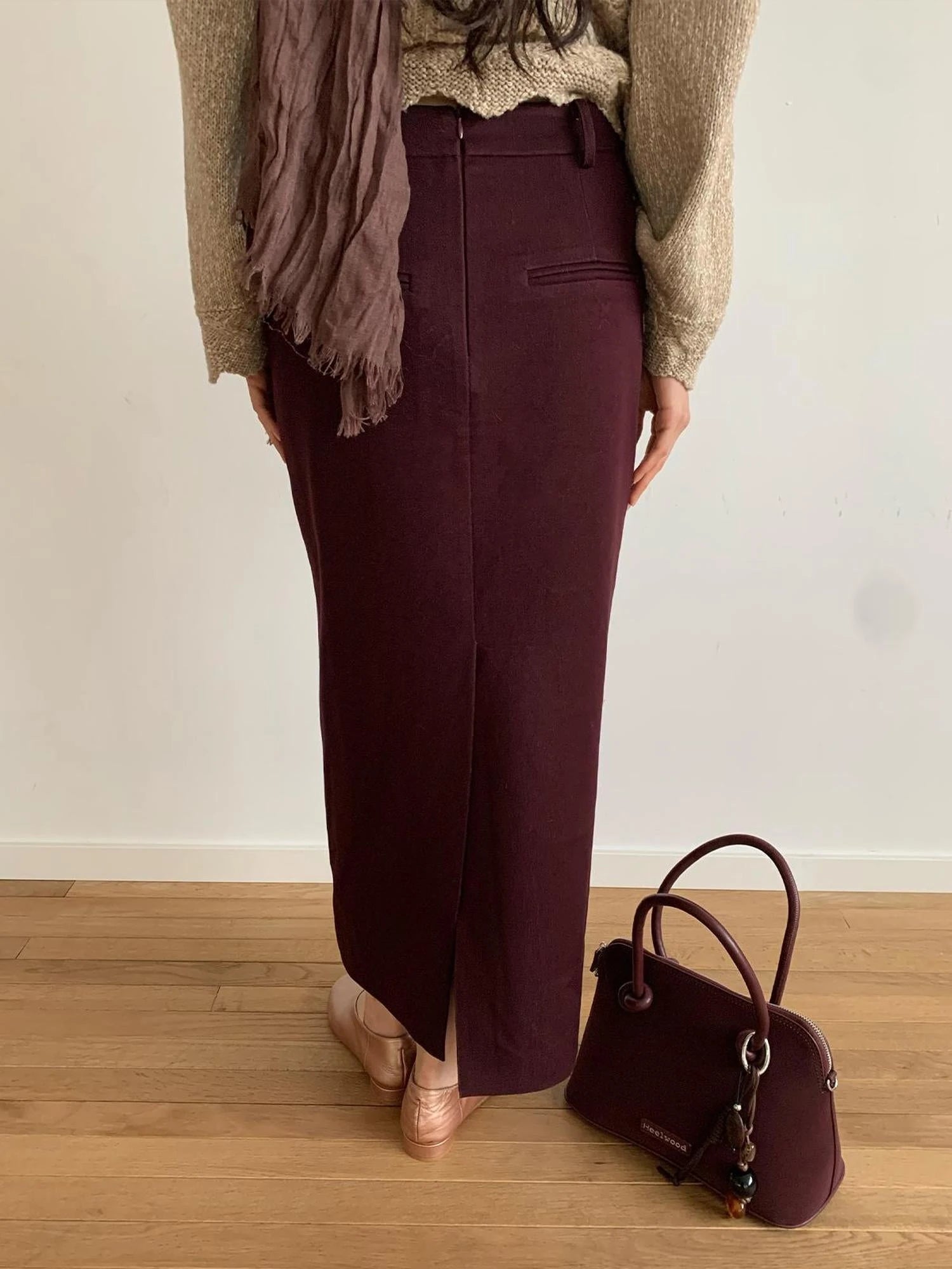 Textured Straight Mid Length Pencil Skirt In Garnet Red