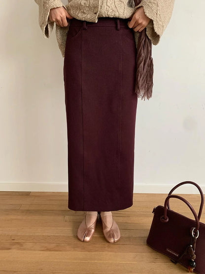 Textured Straight Mid Length Pencil Skirt In Garnet Red