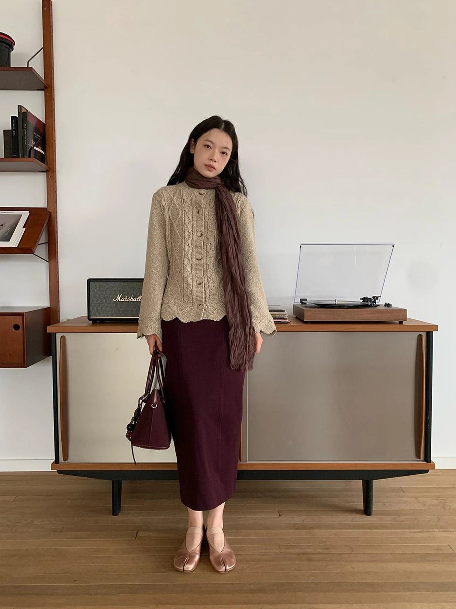 Textured Straight Mid Length Pencil Skirt In Garnet Red
