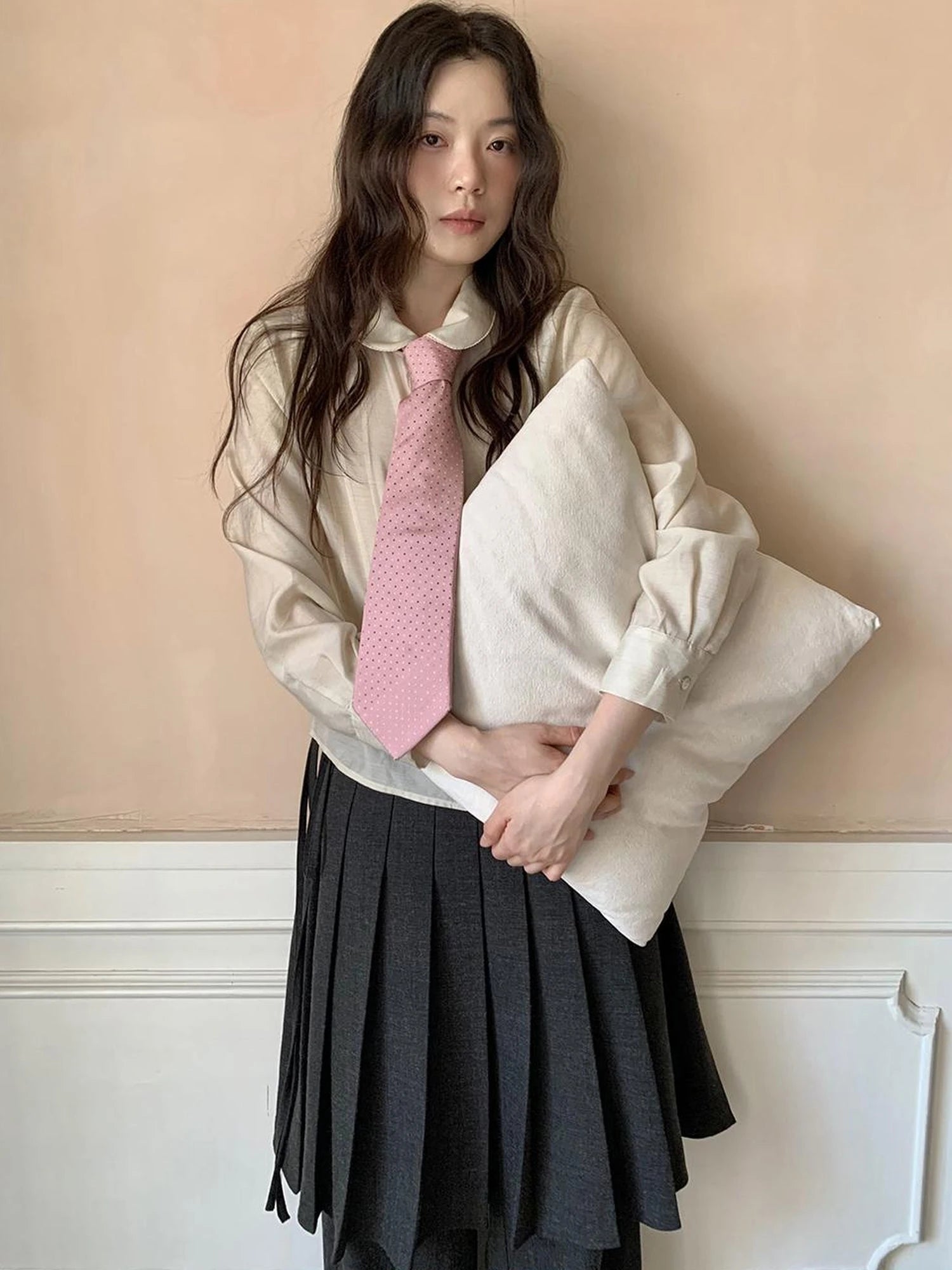 Textured Waist Defining Blouse With Peter Pan Collar