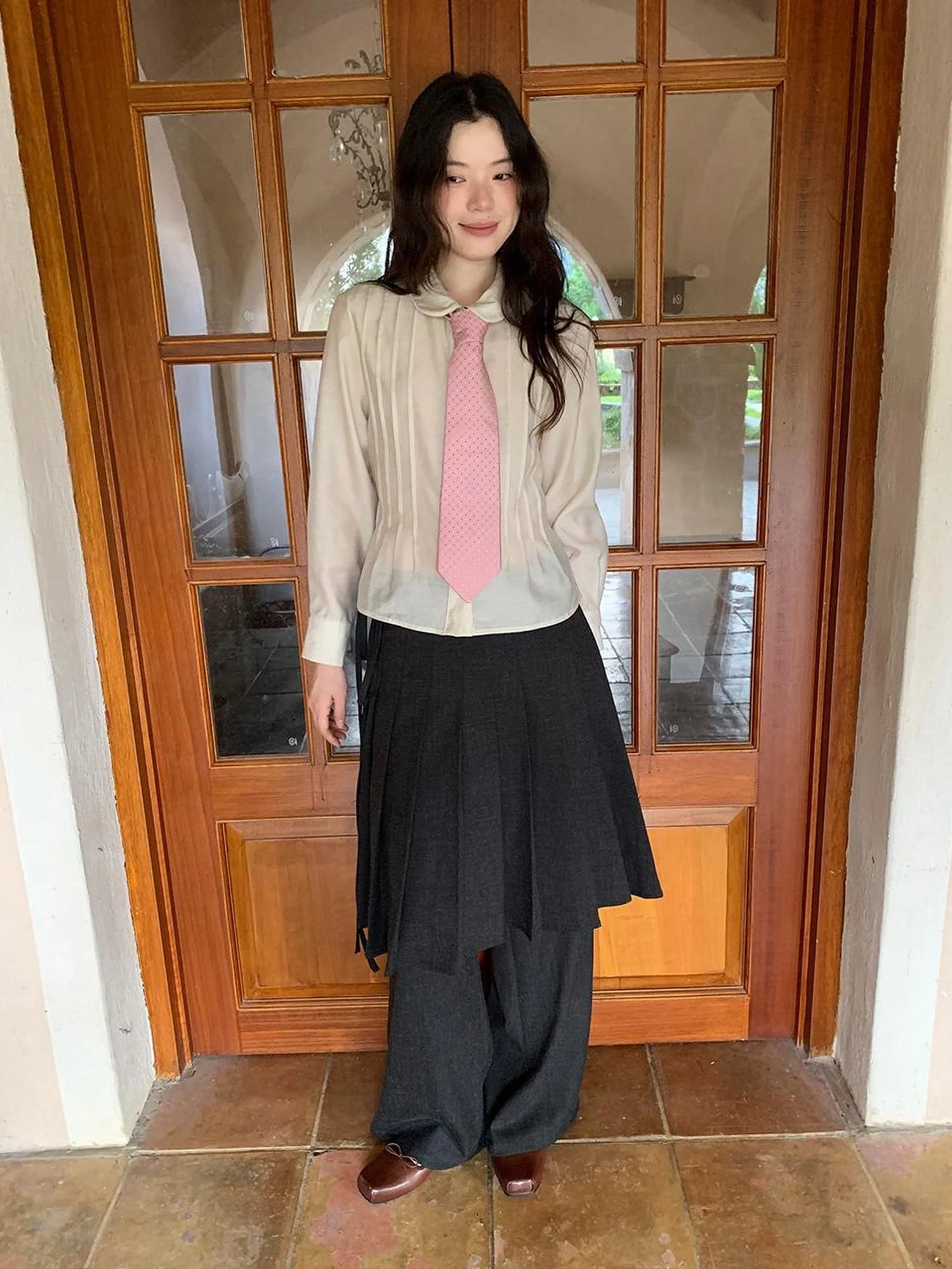 Textured Waist Defining Blouse With Peter Pan Collar