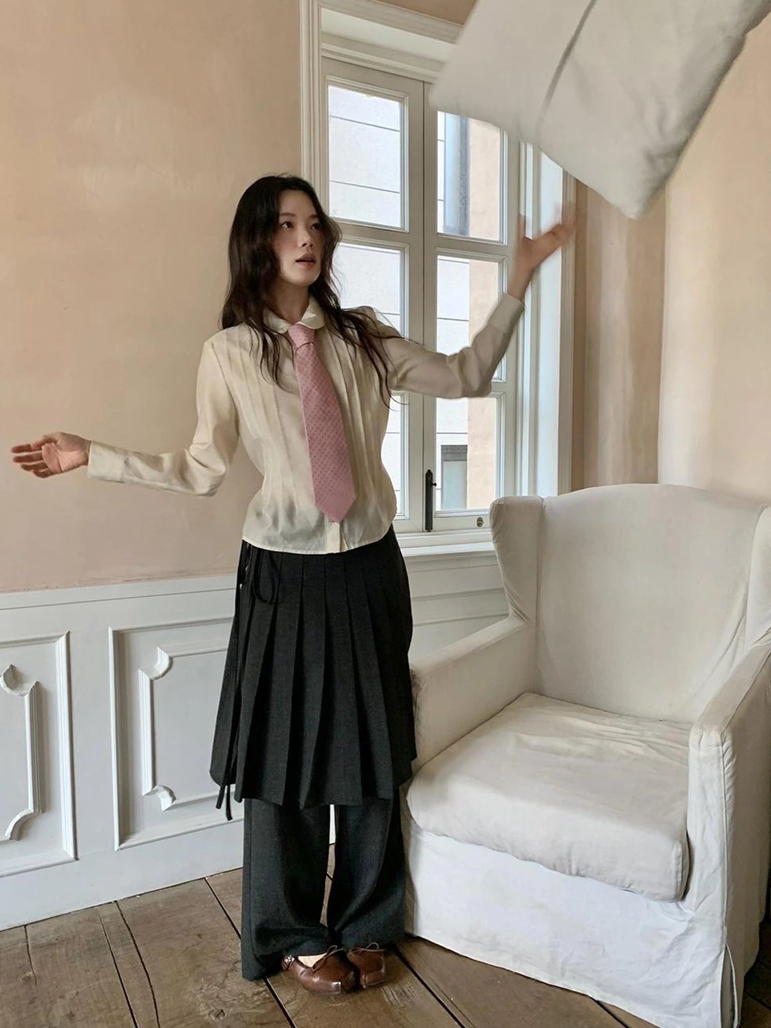 Textured Waist Defining Blouse With Peter Pan Collar