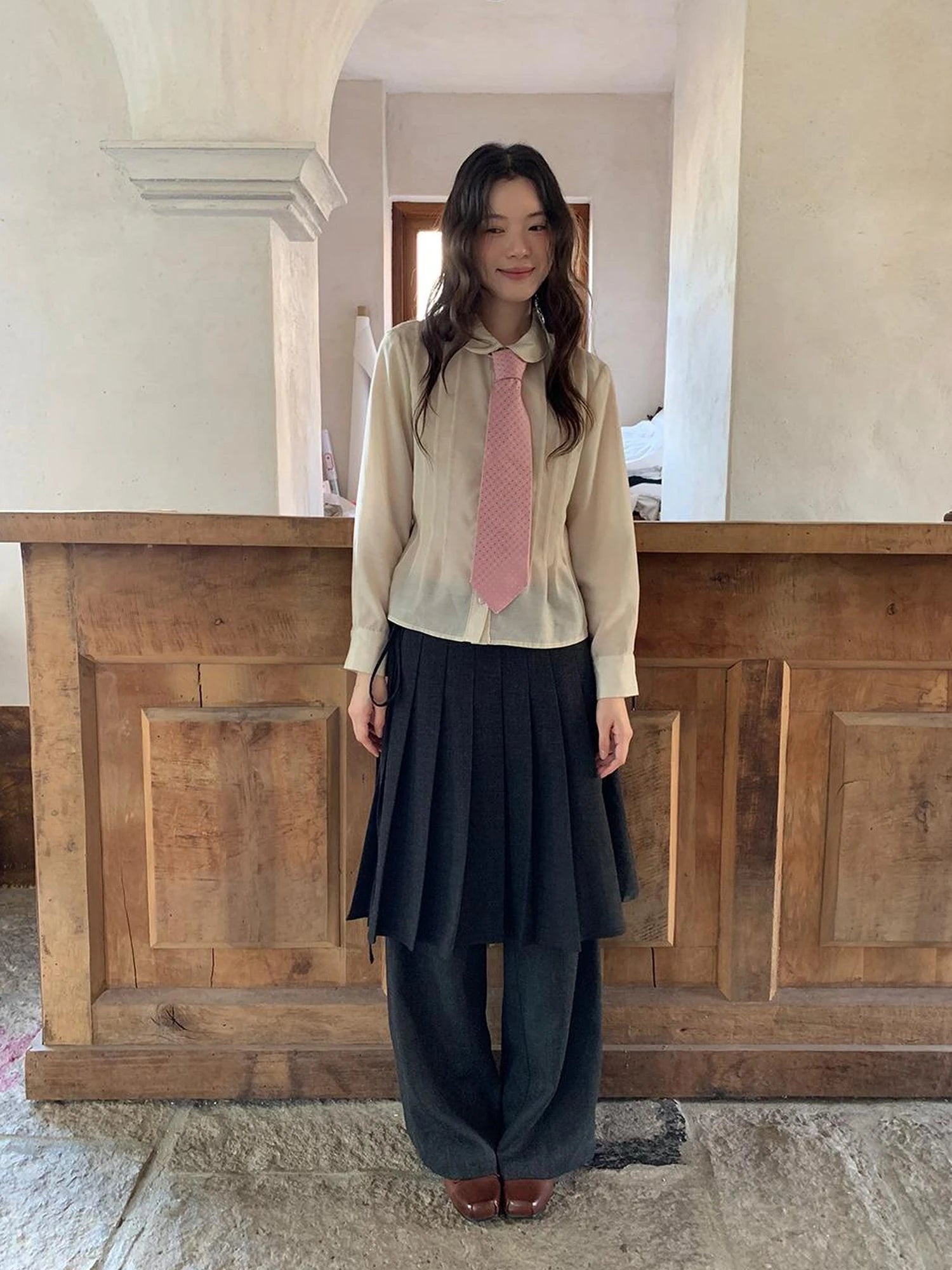 Textured Waist Defining Blouse With Peter Pan Collar