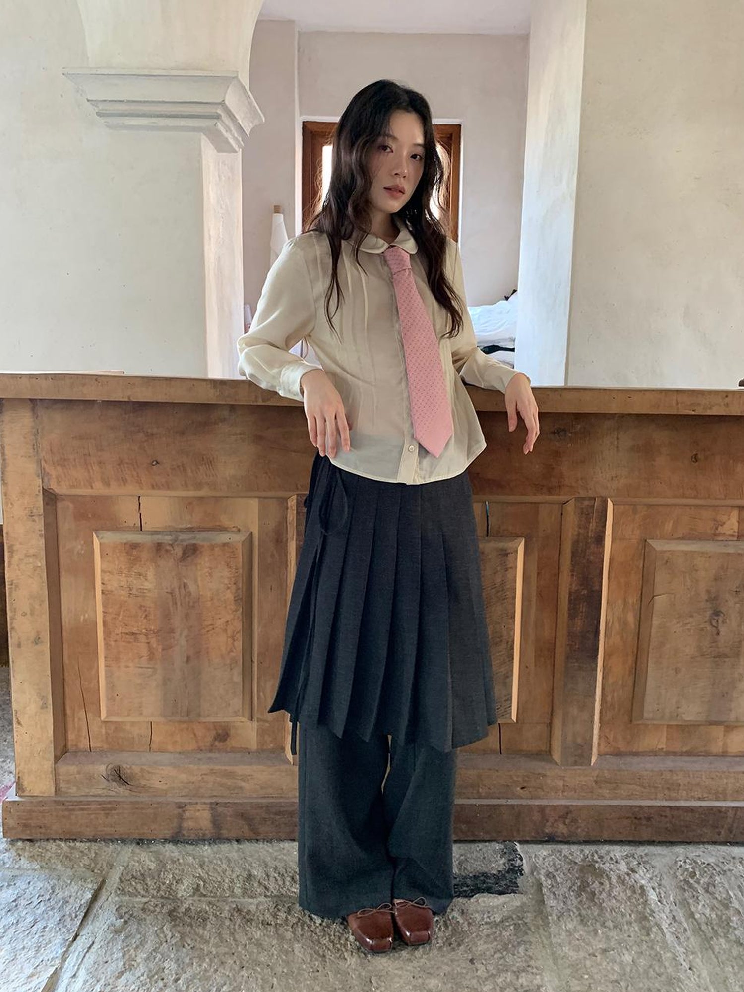 Dorydory Textured Waist Defining Blouse With Peter Pan Collar