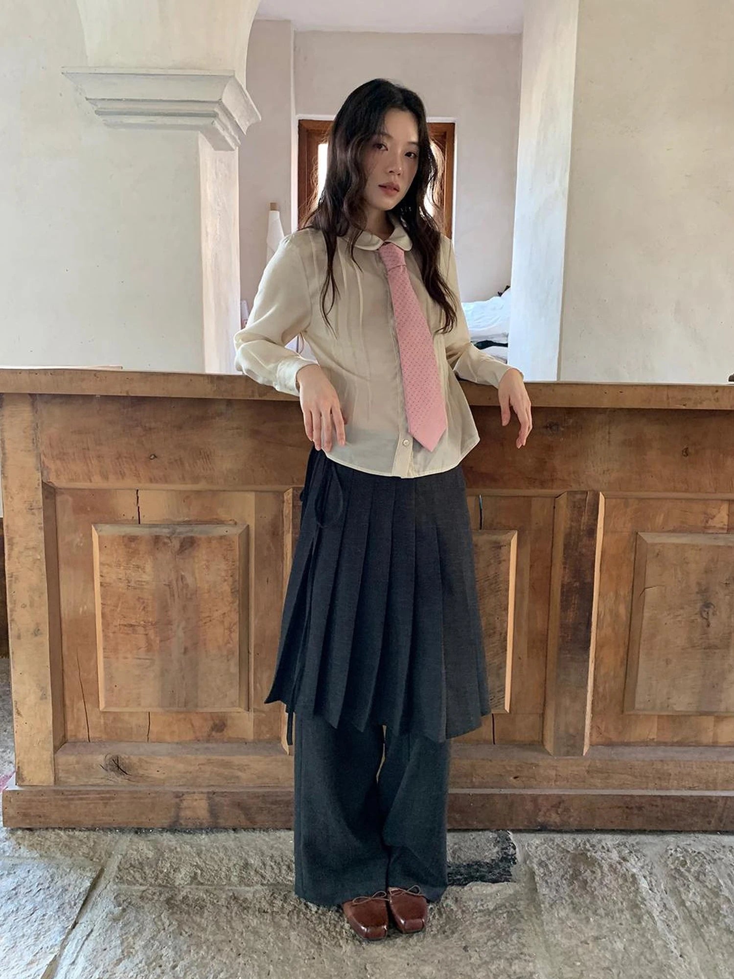 Textured Waist Defining Blouse With Peter Pan Collar