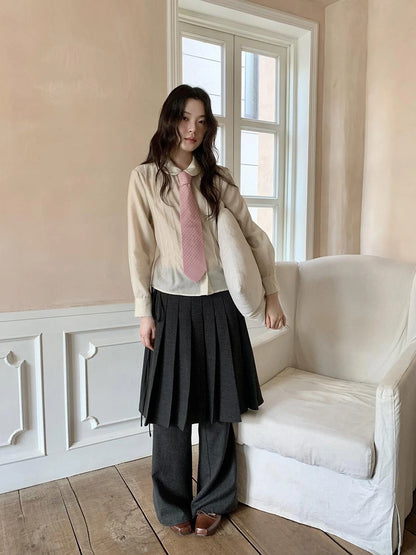 Textured Waist Defining Blouse With Peter Pan Collar