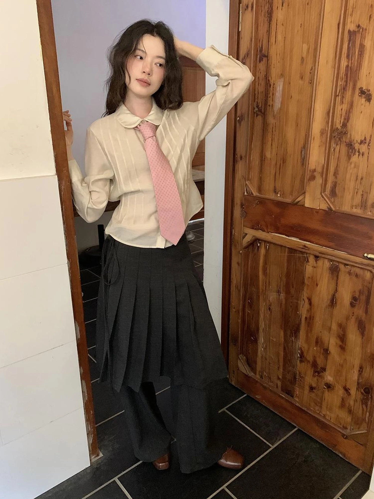 Textured Waist Defining Blouse With Peter Pan Collar