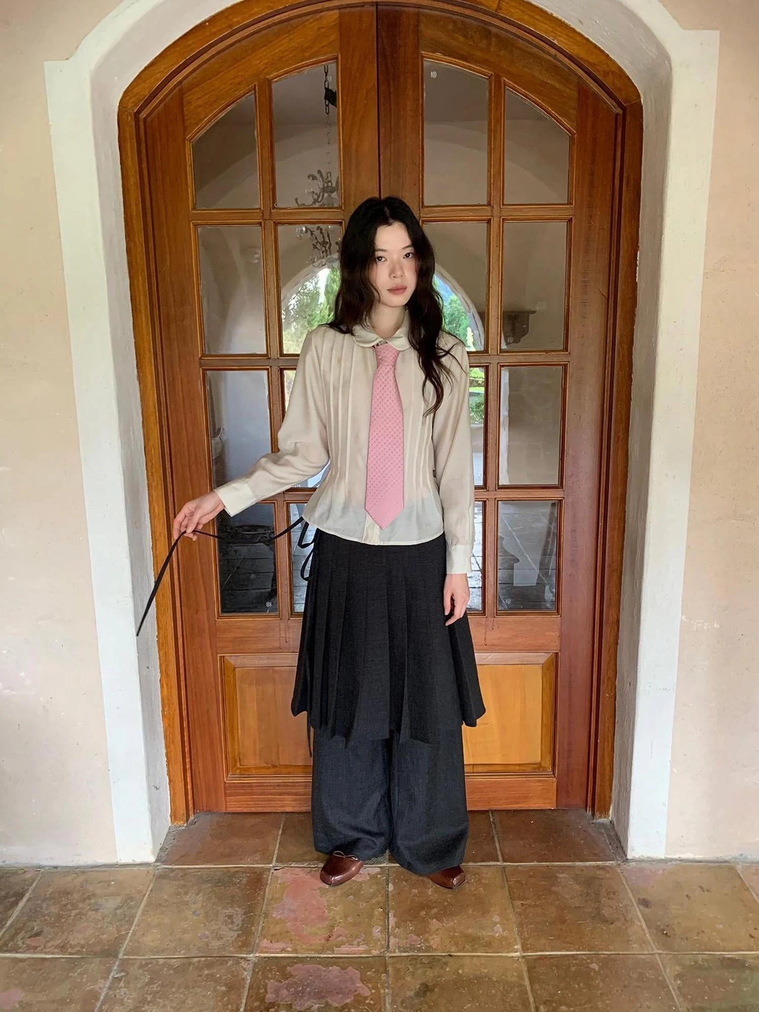 Textured Waist Defining Blouse With Peter Pan Collar