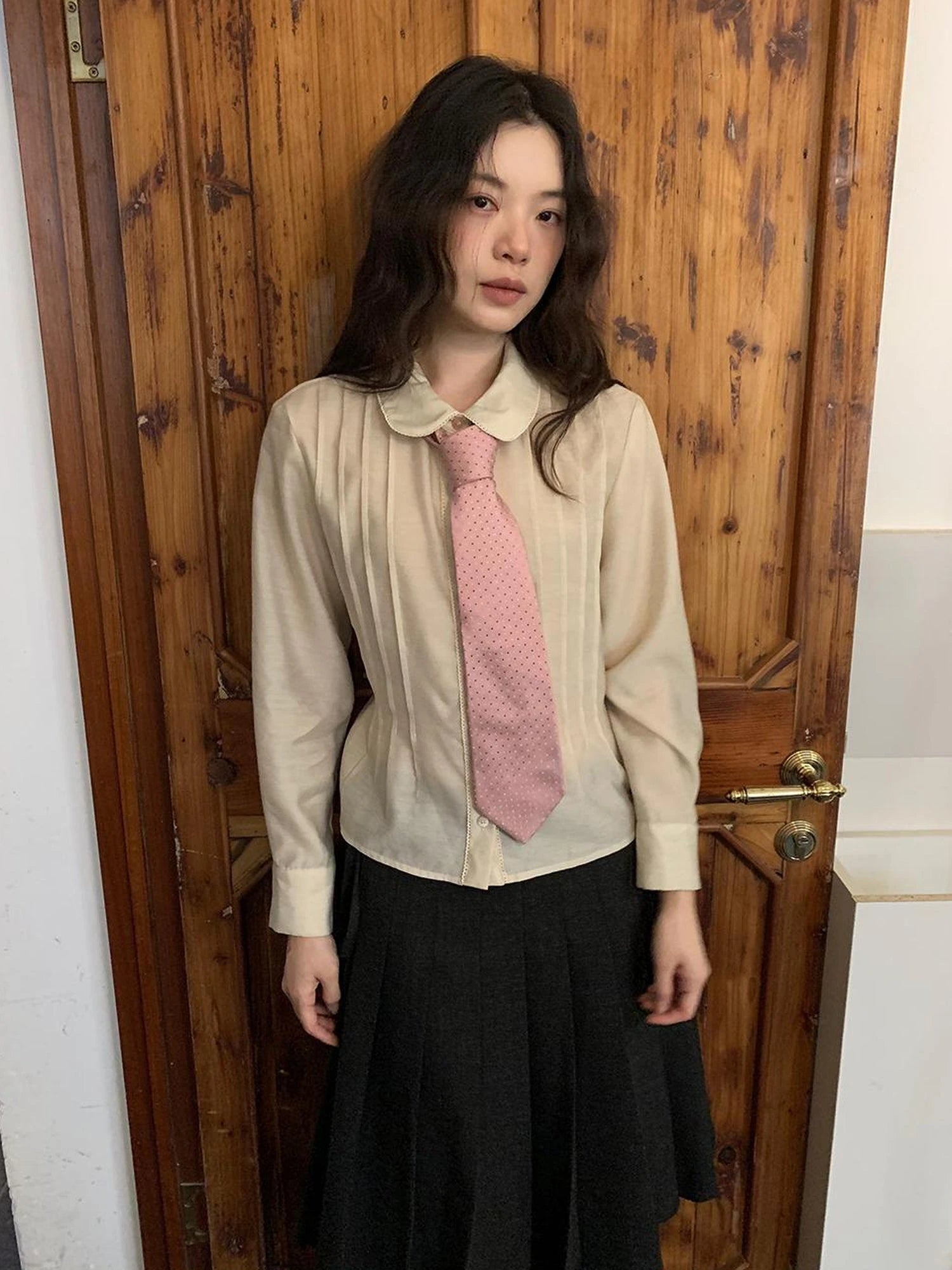 Textured Waist Defining Blouse With Peter Pan Collar