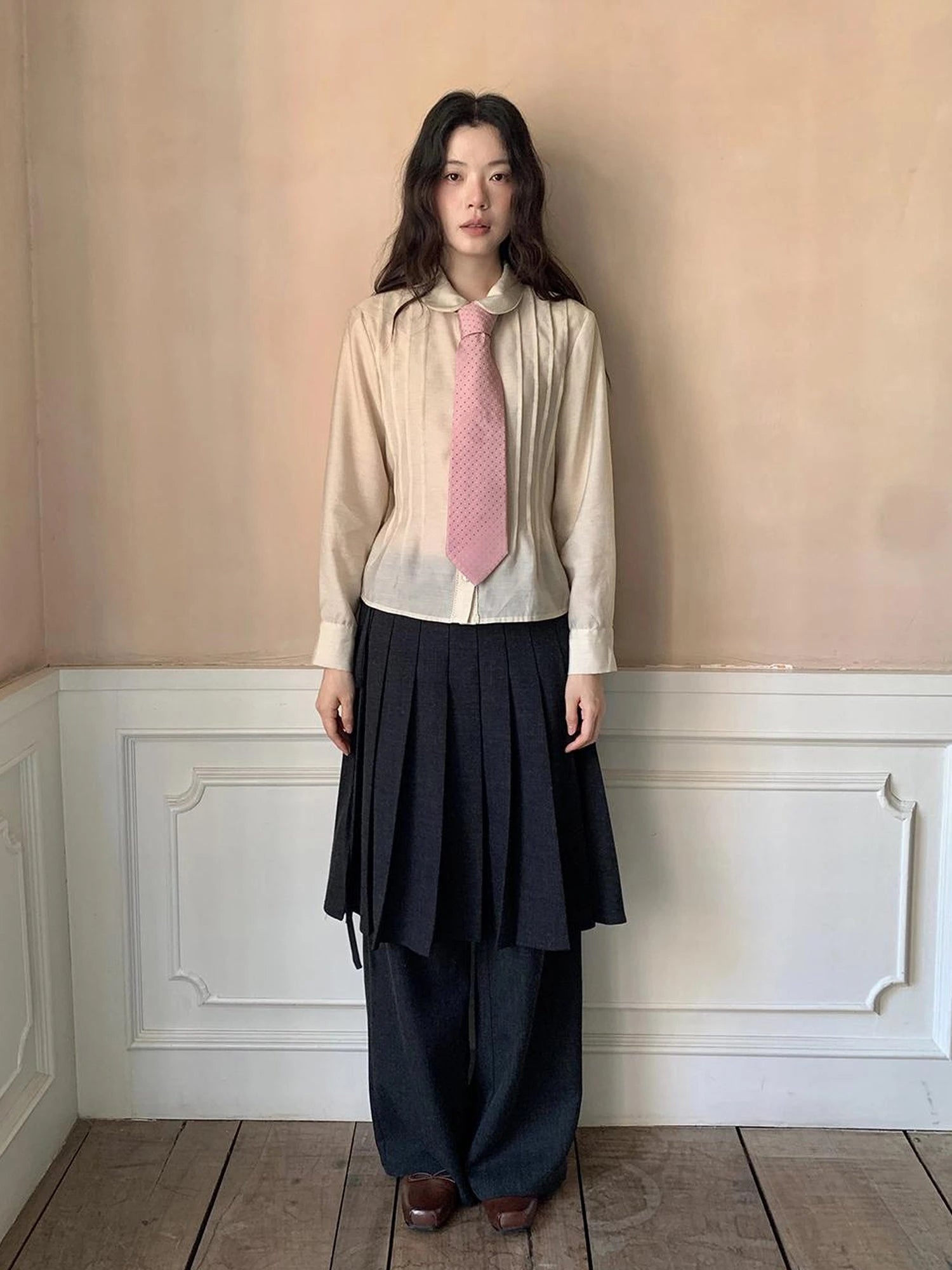 Textured Waist Defining Blouse With Peter Pan Collar