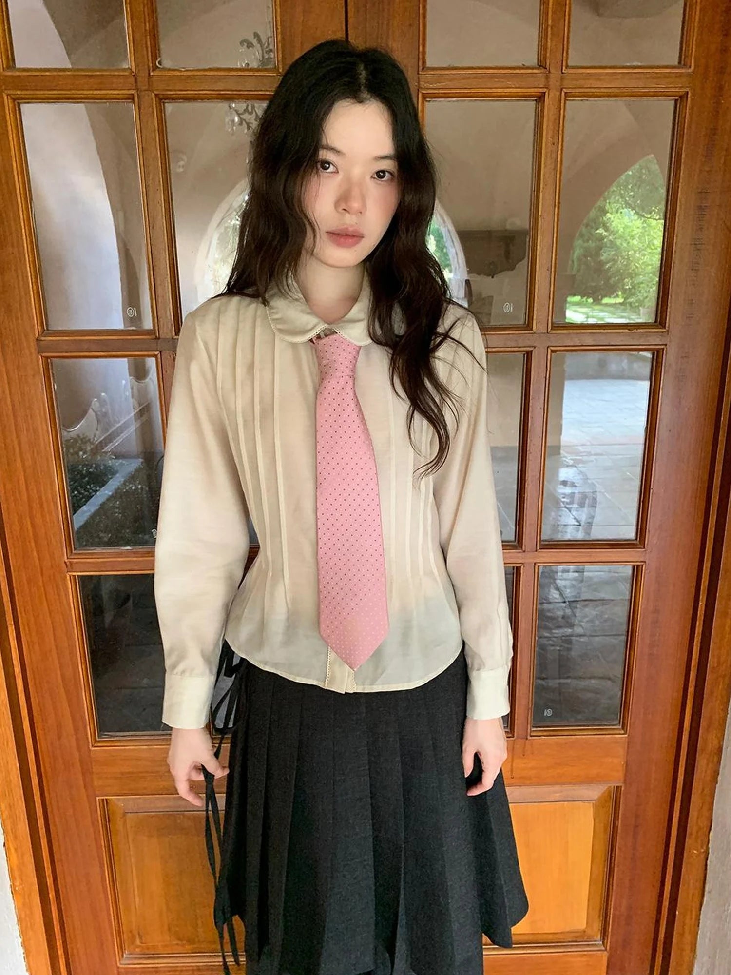 Textured Waist Defining Blouse With Peter Pan Collar