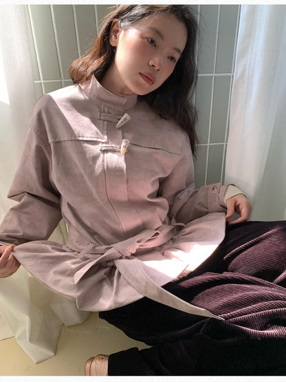 Dorydory Toggle Button Stand Collar Bubble Hem Tie Waist Short Women&