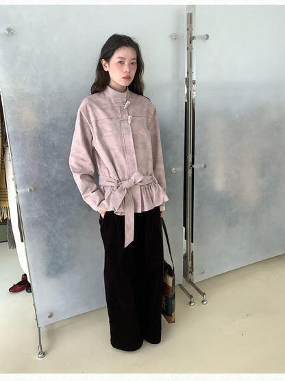 Dorydory Toggle Button Stand Collar Bubble Hem Tie Waist Short Women&