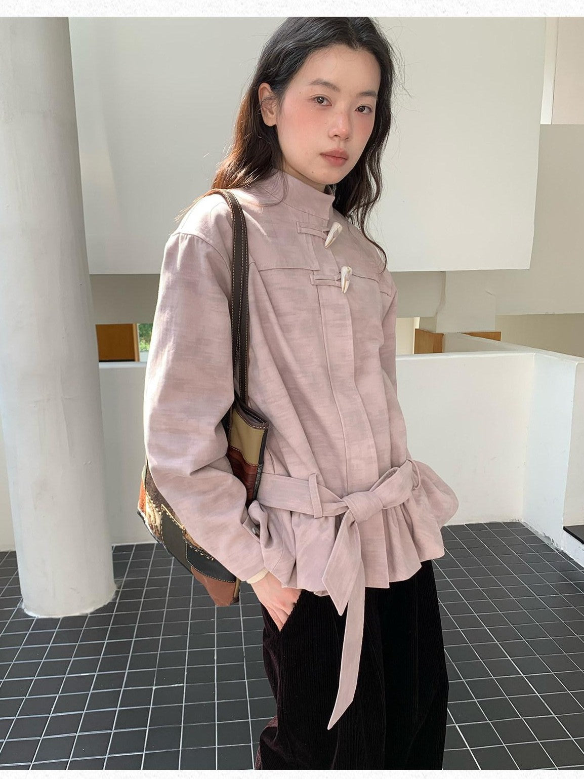 Dorydory Toggle Button Stand Collar Bubble Hem Tie Waist Short Women&