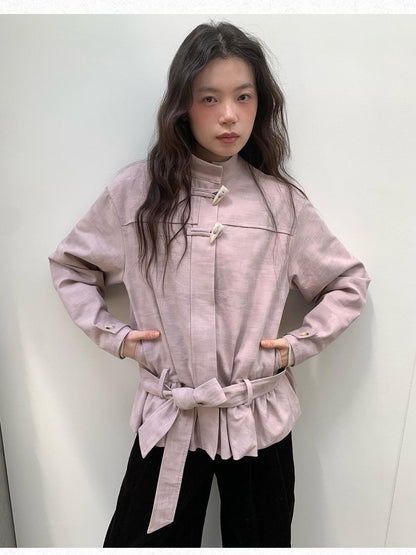Dorydory Toggle Button Stand Collar Bubble Hem Tie Waist Short Women&
