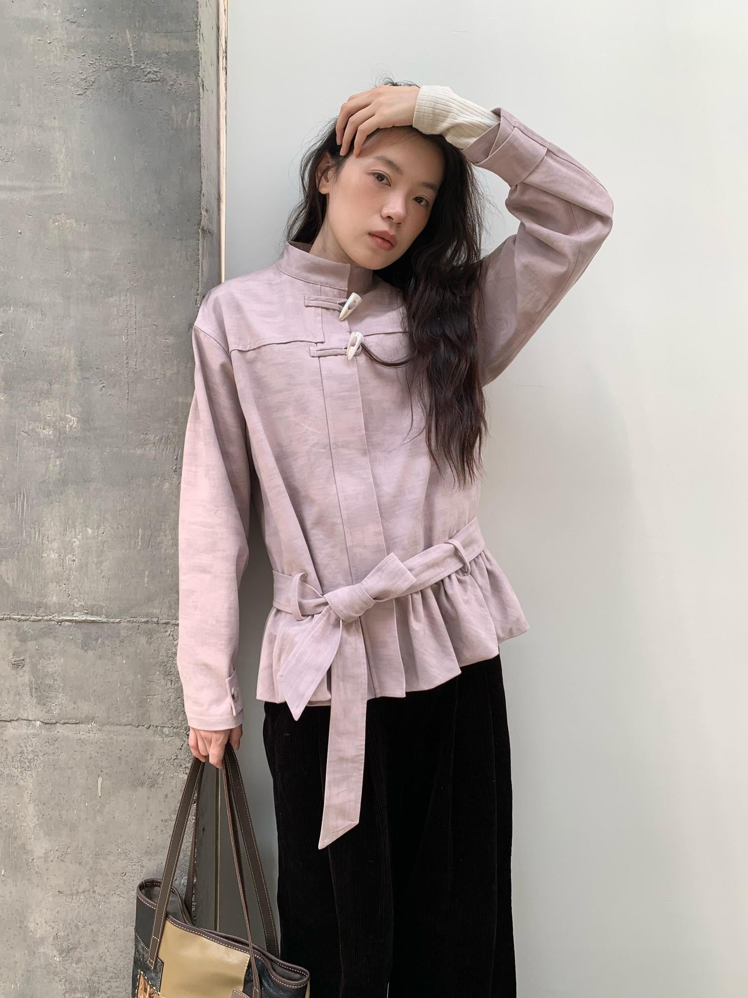 Dorydory Toggle Button Stand Collar Bubble Hem Tie Waist Short Women&