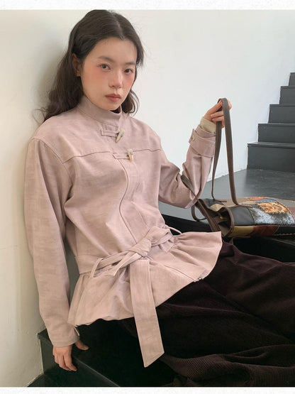 Dorydory Toggle Button Stand Collar Bubble Hem Tie Waist Short Women&