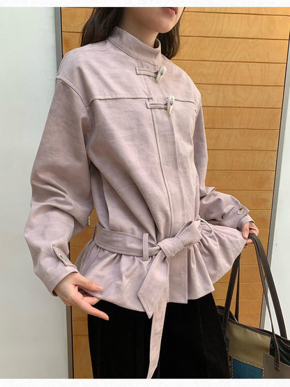 Dorydory Toggle Button Stand Collar Bubble Hem Tie Waist Short Women&
