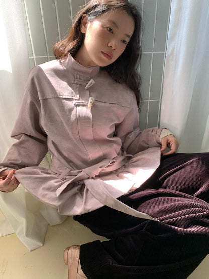 Dorydory Toggle Button Stand Collar Bubble Hem Tie Waist Short Women&