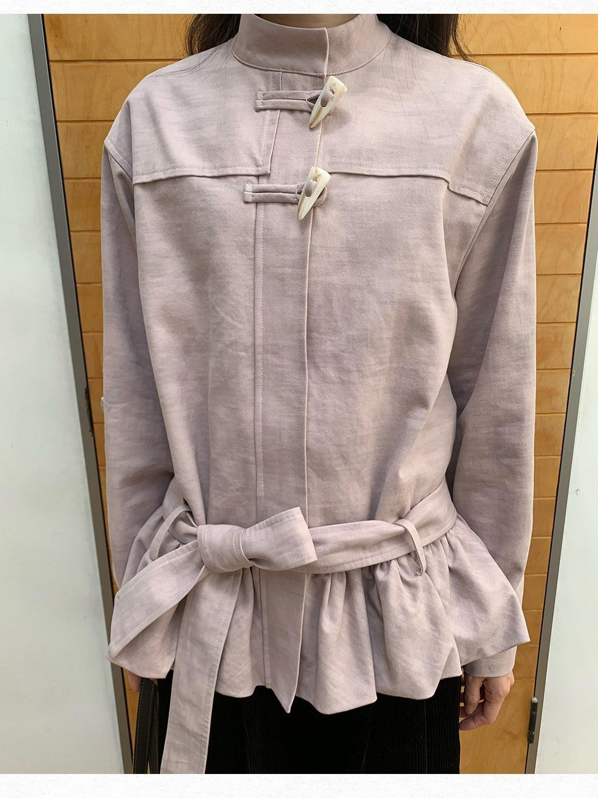 Dorydory Toggle Button Stand Collar Bubble Hem Tie Waist Short Women&