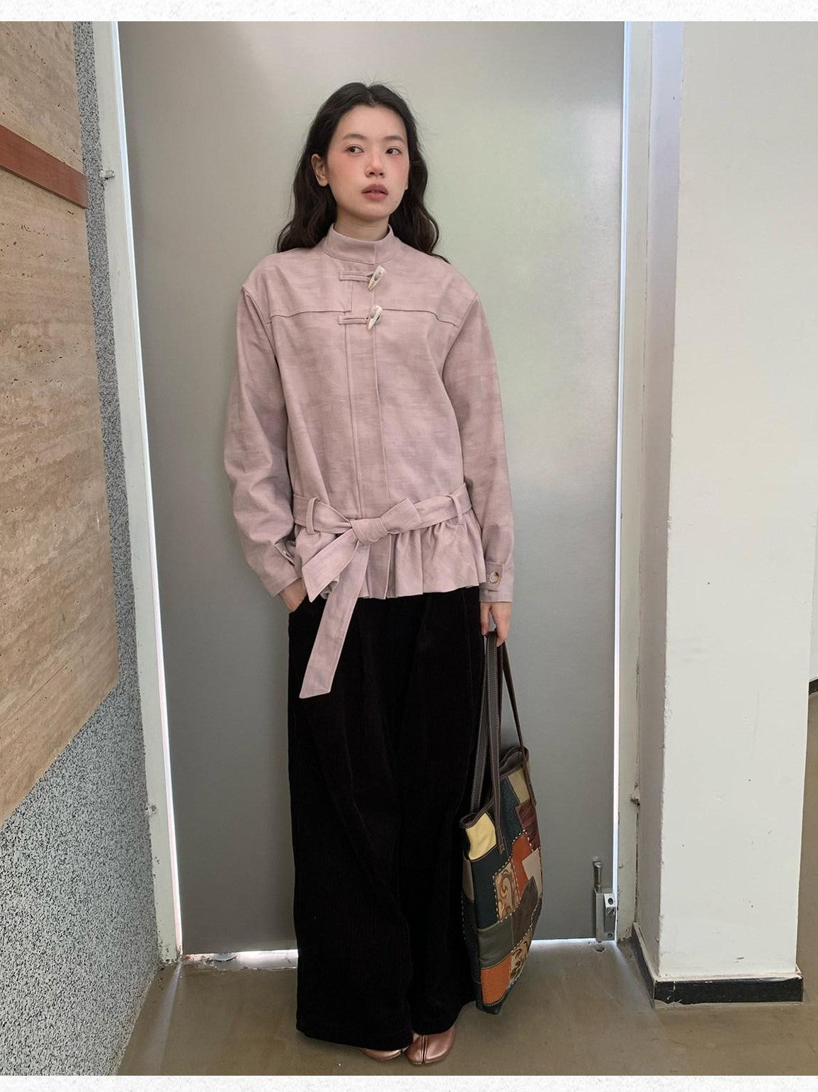 Dorydory Toggle Button Stand Collar Bubble Hem Tie Waist Short Women&