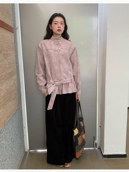 Dorydory Toggle Button Stand Collar Bubble Hem Tie Waist Short Women&